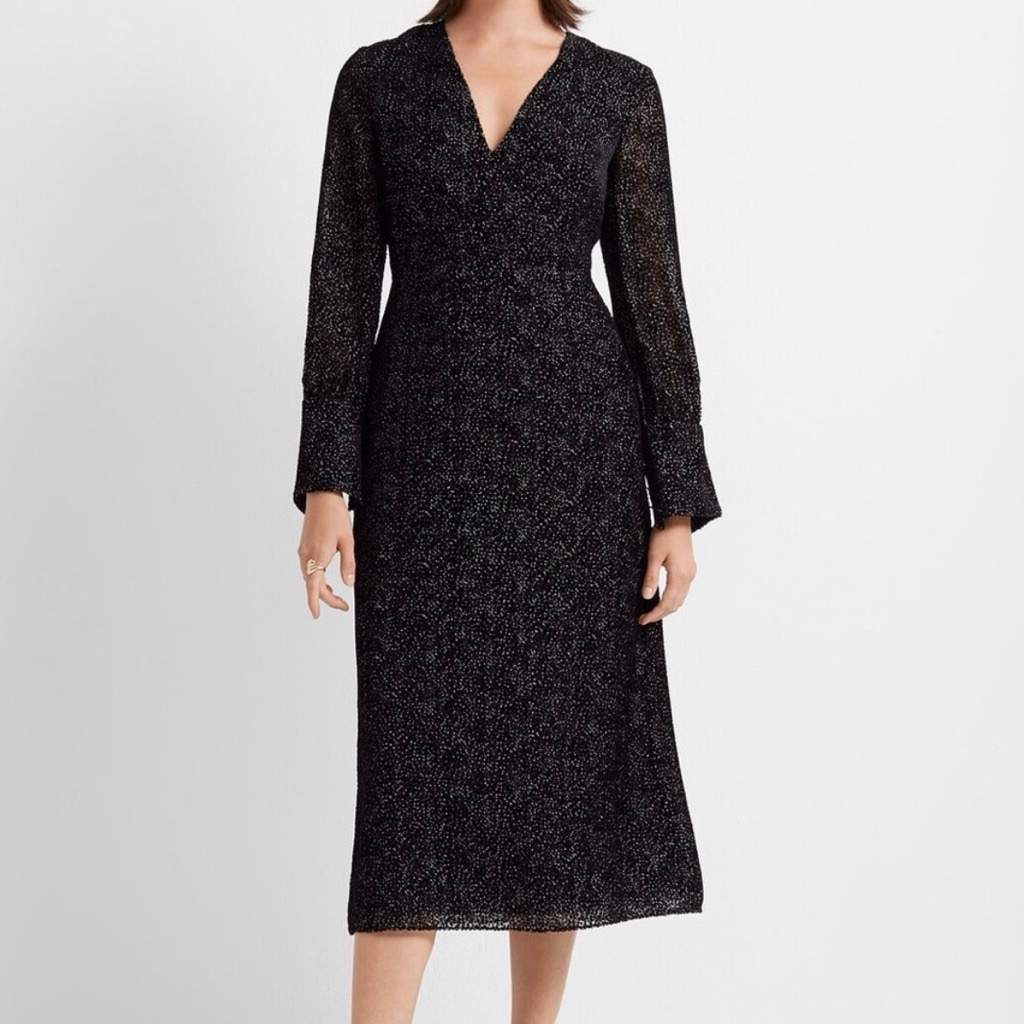 Club Monaco Deep-V Burnout Velvet Micro-Dot Silk Blend Midi Dress Black Size 0